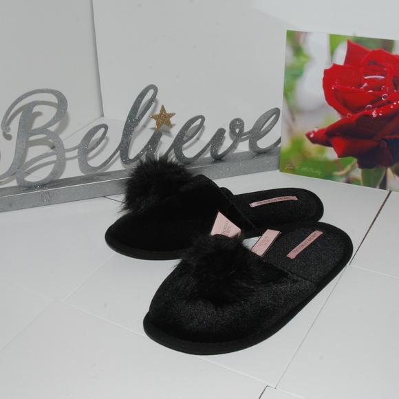 Victoria's Secret Shoes - Victoria's Secret Pom Pom Black Slippers size L